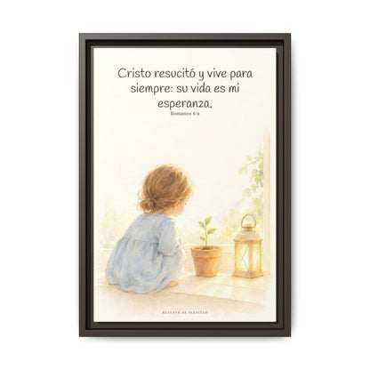 Cristo vive para siempre y nunca más muere — Lienzo Cristiano Enmarcado | Romanos 6:9 — 12×18 pulgadas, marco espresso, vista frontal
