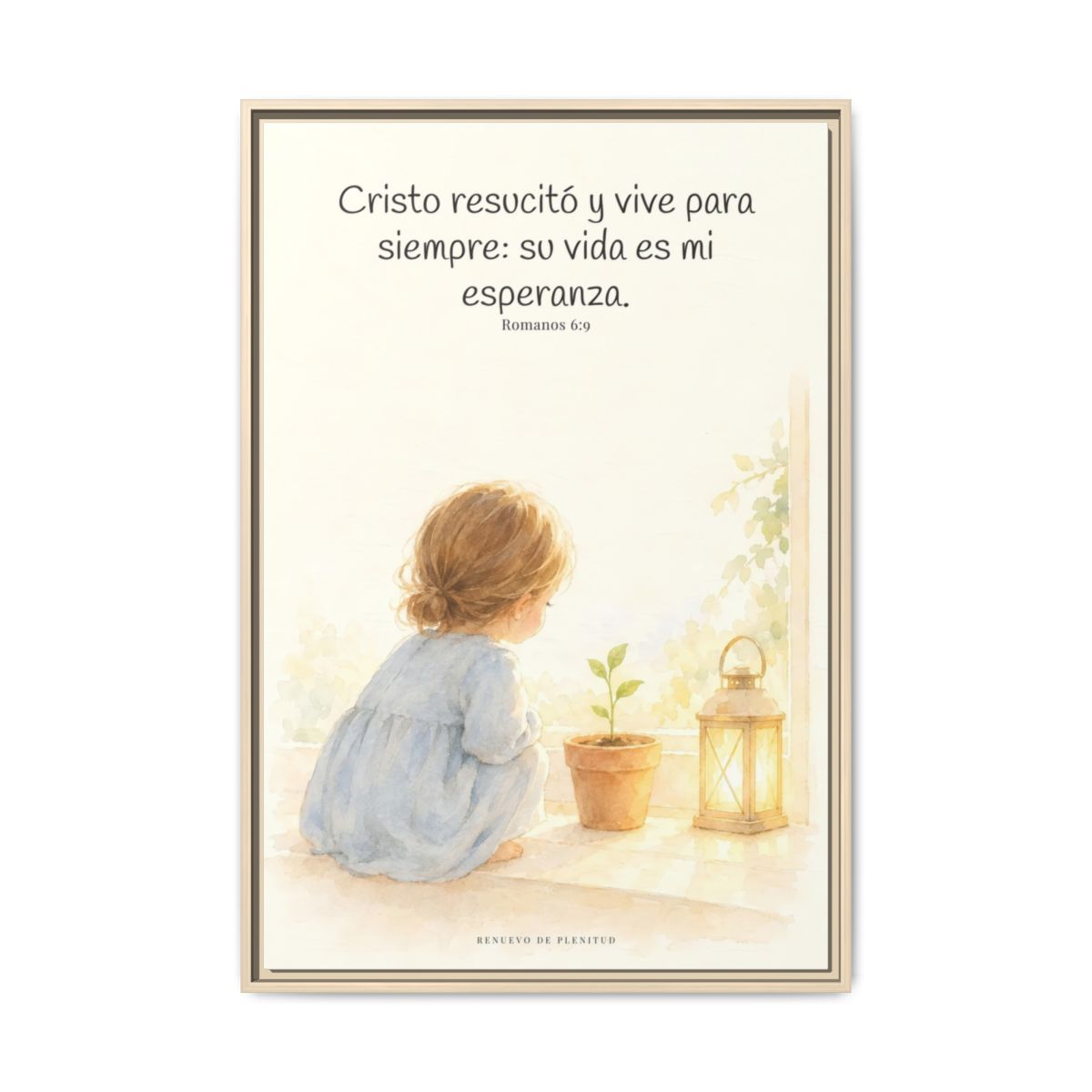 Cristo vive para siempre y nunca más muere — Lienzo Cristiano Enmarcado | Romanos 6:9 — 24×36 pulgadas, marco natural, vista frontal