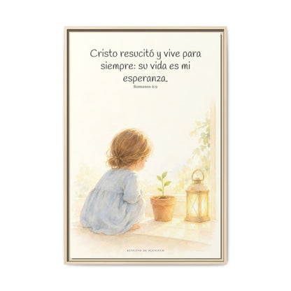 Cristo vive para siempre y nunca más muere — Lienzo Cristiano Enmarcado | Romanos 6:9 — 24×36 pulgadas, marco natural, vista frontal