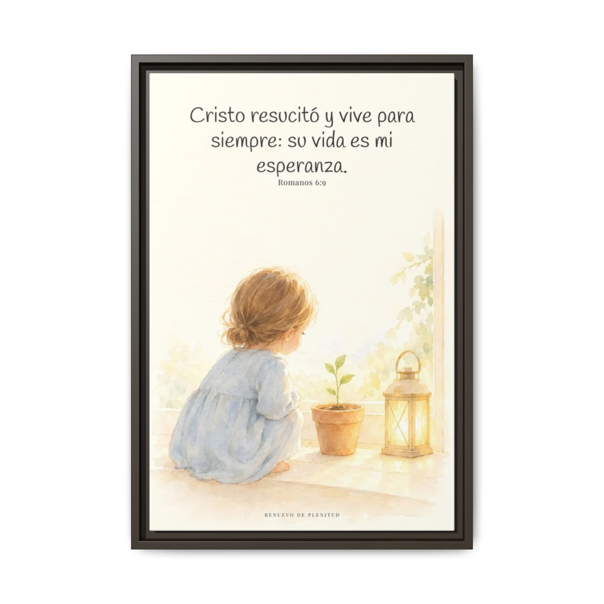 Cristo vive para siempre y nunca más muere — Lienzo Cristiano Enmarcado | Romanos 6:9 — 16×24 pulgadas, marco espresso, vista frontal