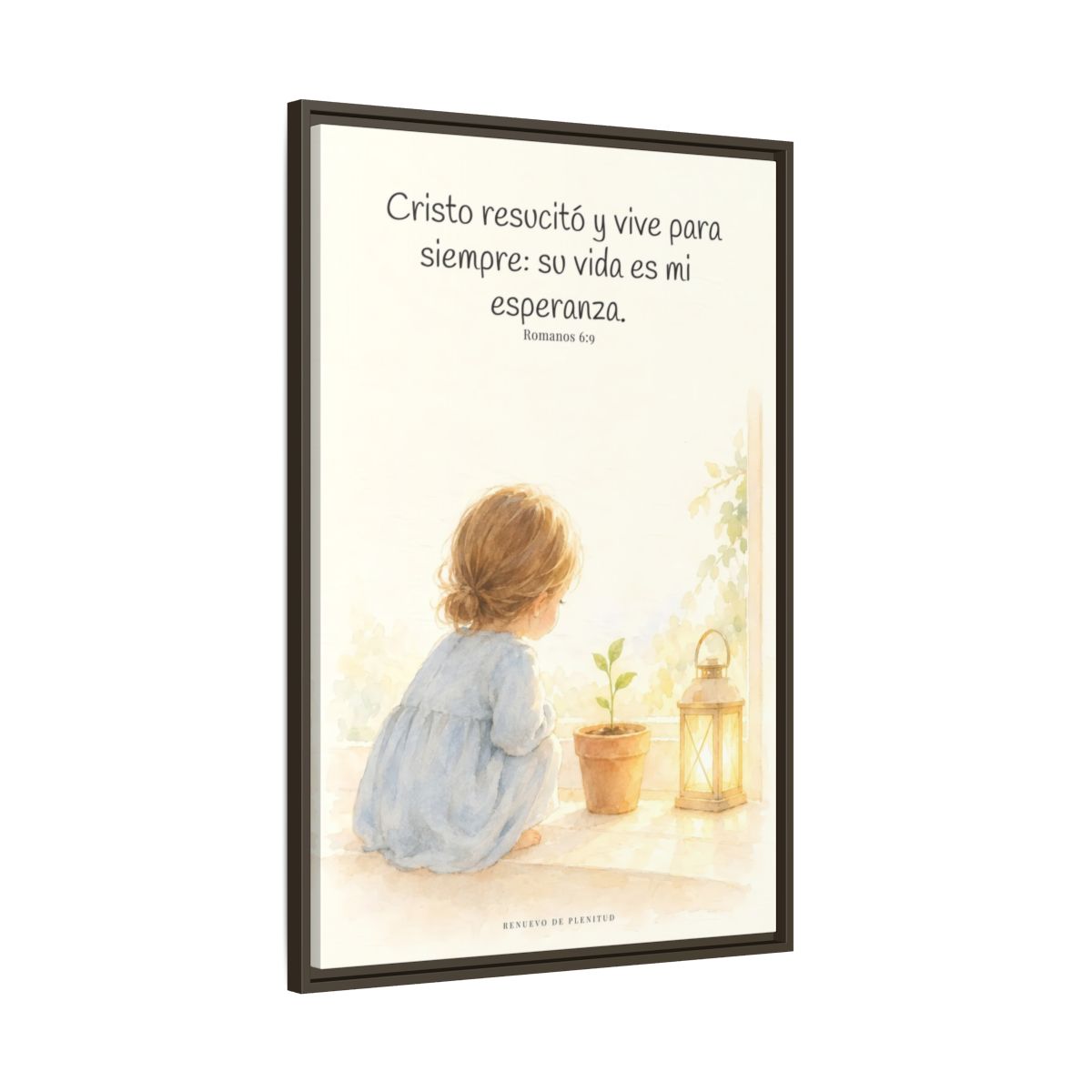 Cristo vive para siempre y nunca más muere — Lienzo Cristiano Enmarcado | Romanos 6:9 — 24×36 pulgadas, marco espresso, vista lateral del marco flotante