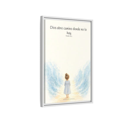 Dios abre camino donde no lo hay — Lienzo Cristiano Enmarcado | Éxodo 14:13 — 16×24 pulgadas, marco blanco, vista lateral del marco flotante