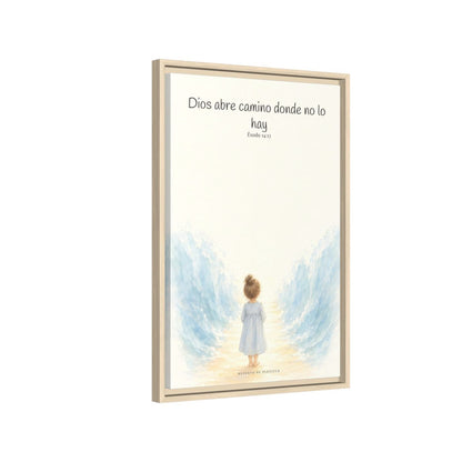 Dios abre camino donde no lo hay — Lienzo Cristiano Enmarcado | Éxodo 14:13 — 16×24 pulgadas, marco natural, vista lateral del marco flotante