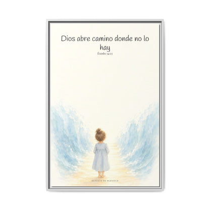 Dios abre camino donde no lo hay — Lienzo Cristiano Enmarcado | Éxodo 14:13 — 24×36 pulgadas, marco blanco, vista frontal