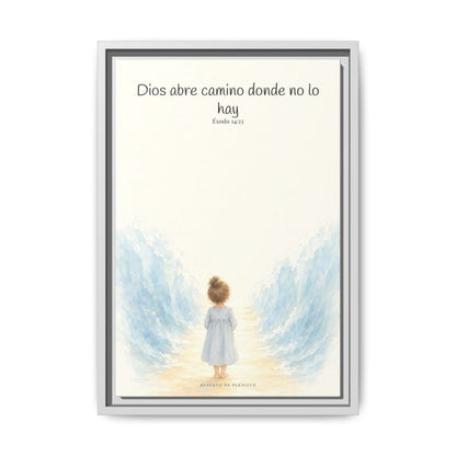 Dios abre camino donde no lo hay — Lienzo Cristiano Enmarcado | Éxodo 14:13 — 12×18 pulgadas, marco blanco, vista frontal