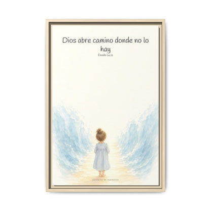 Dios abre camino donde no lo hay — Lienzo Cristiano Enmarcado | Éxodo 14:13 — 16×24 pulgadas, marco natural, vista frontal