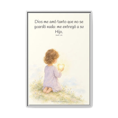 Dios amó tanto al mundo que entregó a su Hijo — Lienzo Cristiano Enmarcado | Juan 3:16 — 24×36 pulgadas, marco blanco, vista frontal