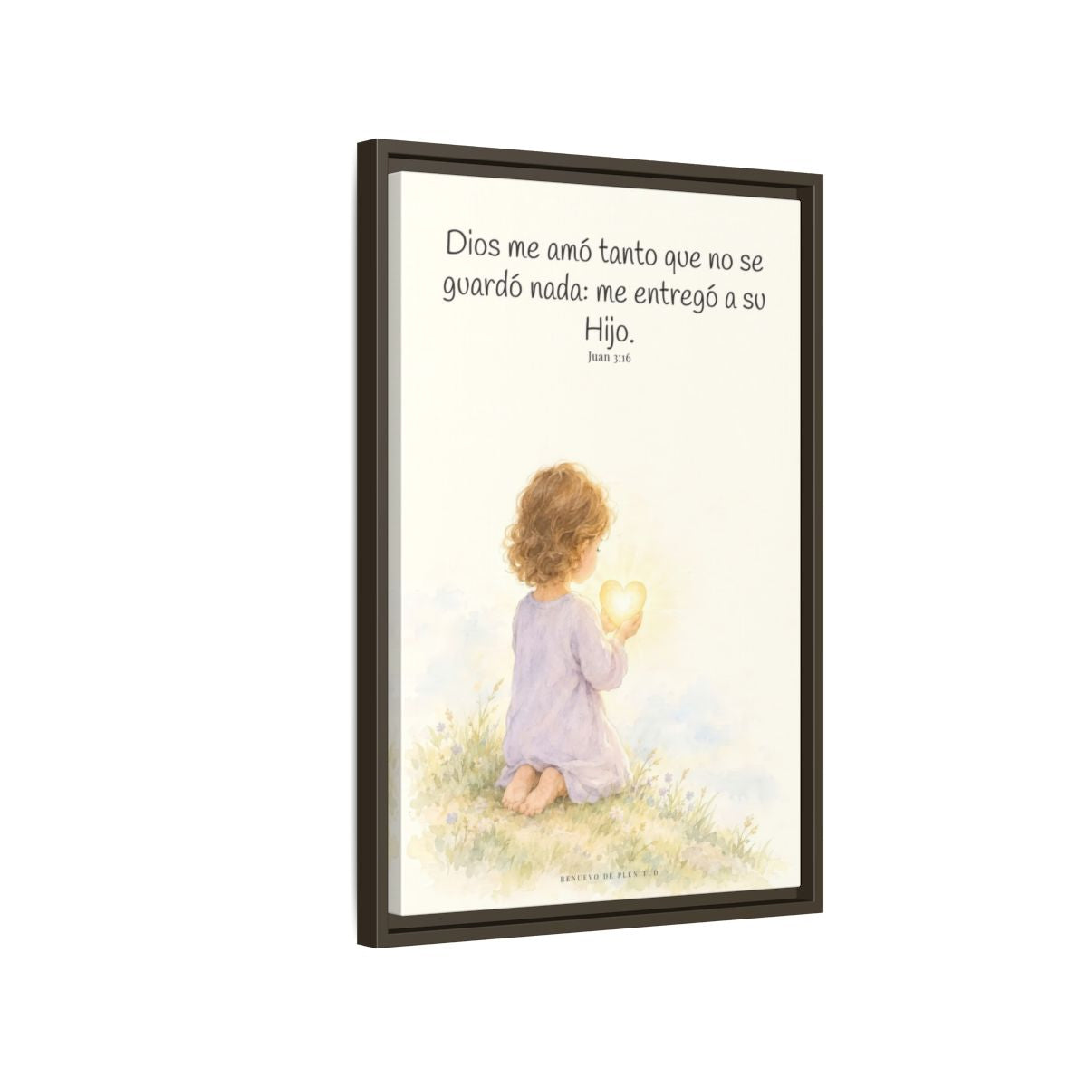 Dios amó tanto al mundo que entregó a su Hijo — Lienzo Cristiano Enmarcado | Juan 3:16 — 16×24 pulgadas, marco espresso, vista lateral del marco flotante