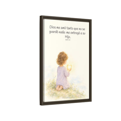 Dios amó tanto al mundo que entregó a su Hijo — Lienzo Cristiano Enmarcado | Juan 3:16 — 16×24 pulgadas, marco espresso, vista lateral del marco flotante