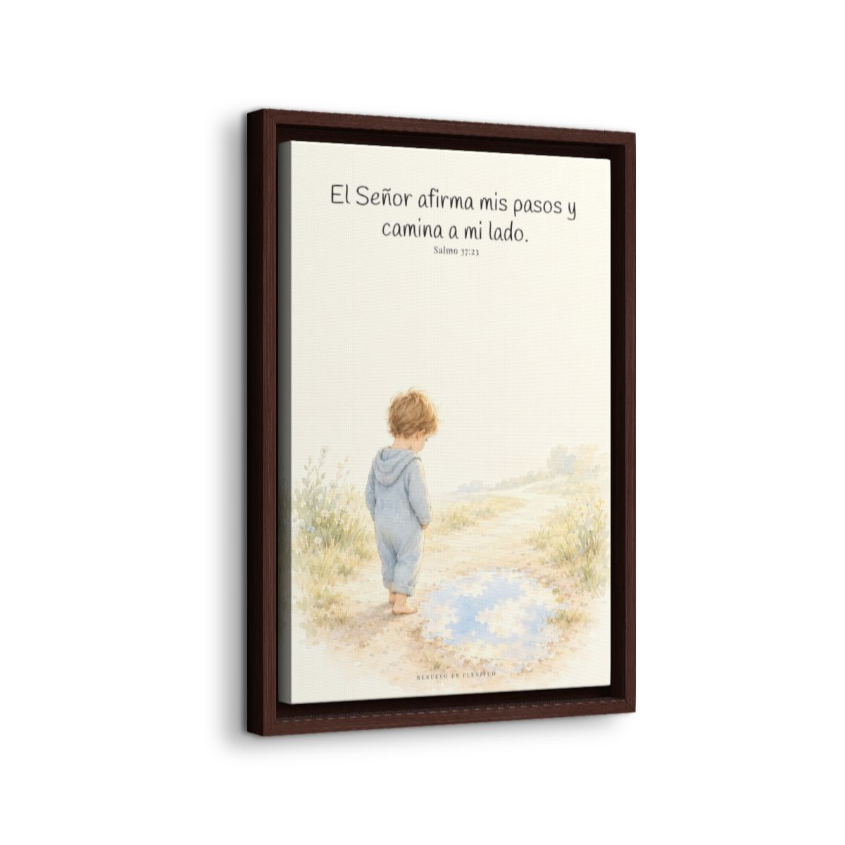 Dios camina a mi lado | Lienzo cristiano decorativo | Salmo 37:23 — 12×18 pulgadas, marco espresso, vista lateral del marco flotante