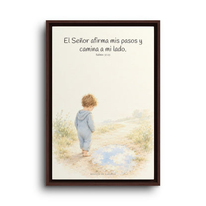 Dios camina a mi lado | Lienzo cristiano decorativo | Salmo 37:23 — 16×24 pulgadas, marco espresso, vista frontal