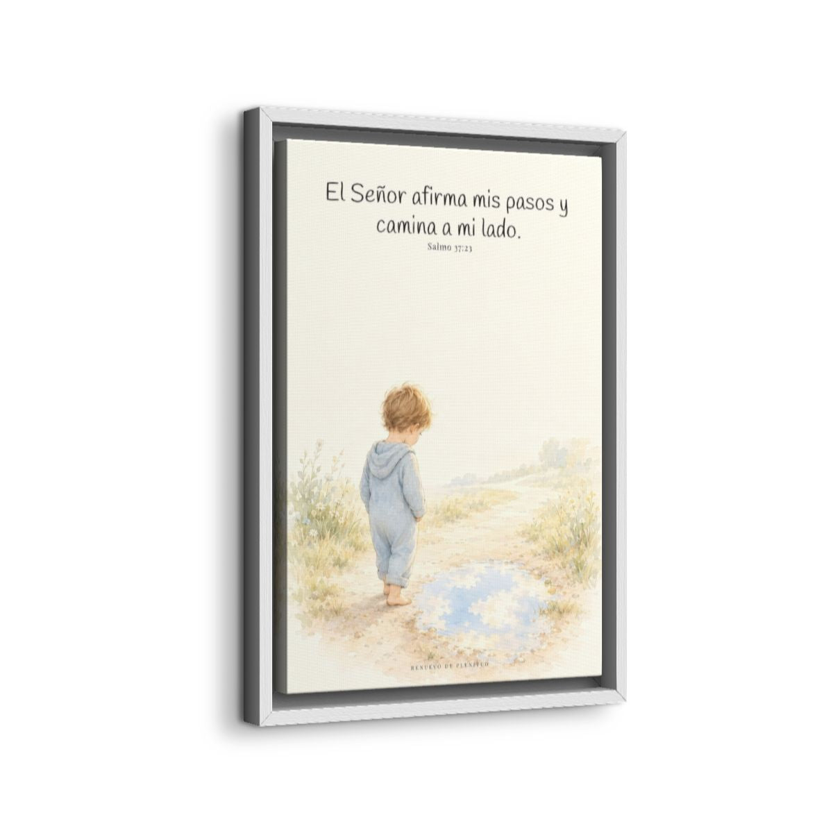 Dios camina a mi lado | Lienzo cristiano decorativo | Salmo 37:23 — 12×18 pulgadas, marco blanco, vista lateral del marco flotante
