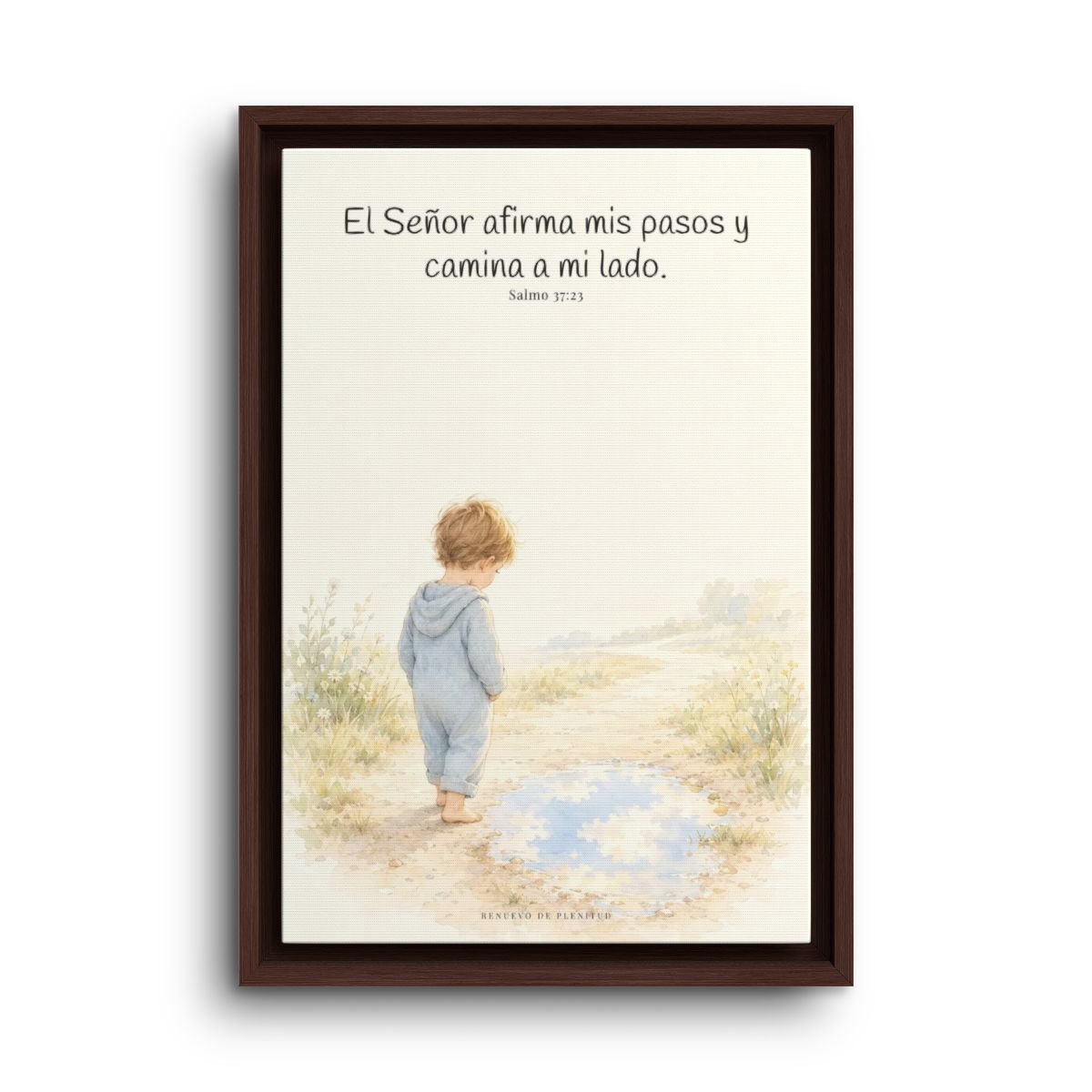 Dios camina a mi lado | Lienzo cristiano decorativo | Salmo 37:23 — 12×18 pulgadas, marco espresso, vista frontal