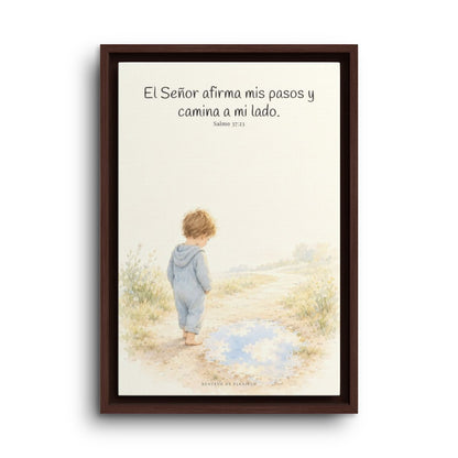 Dios camina a mi lado | Lienzo cristiano decorativo | Salmo 37:23 — 12×18 pulgadas, marco espresso, vista frontal