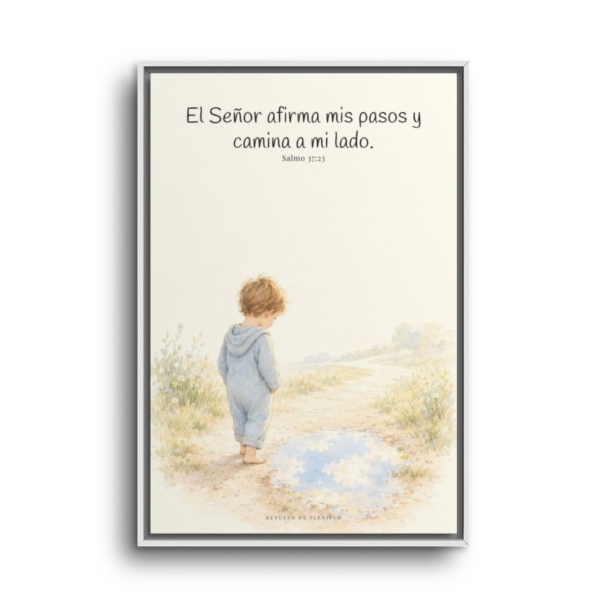 Dios camina a mi lado | Lienzo cristiano decorativo | Salmo 37:23 — 24×36 pulgadas, marco blanco, vista frontal