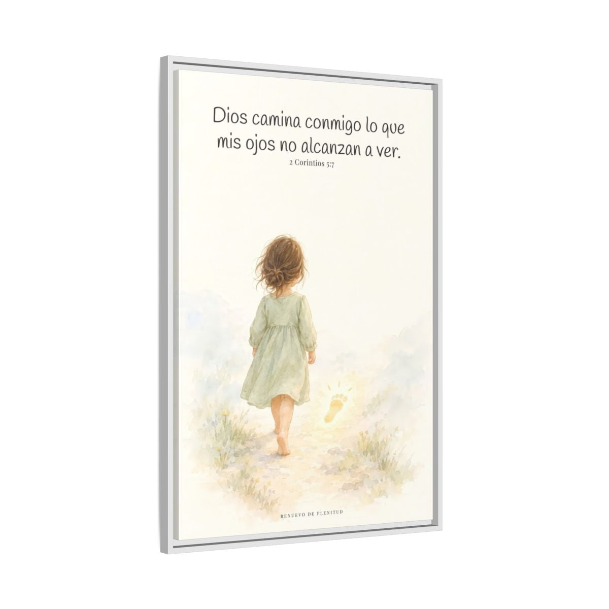 Dios camina conmigo lo que no puedo ver | Lienzo bíblico para el hogar | 2 Corintios 5:7 — 24×36 pulgadas, marco blanco, vista lateral del marco flotante