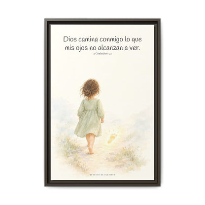 Dios camina conmigo lo que no puedo ver | Lienzo bíblico para el hogar | 2 Corintios 5:7 — 16×24 pulgadas, marco espresso, vista frontal
