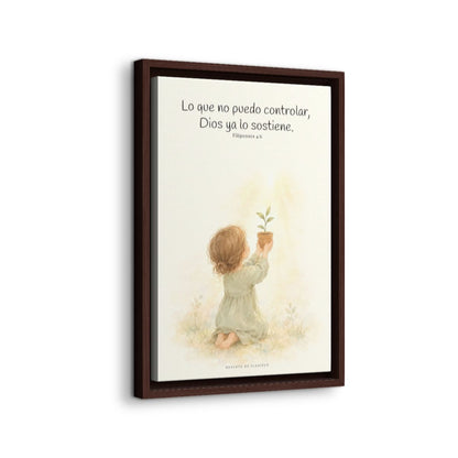 Dios cuida lo que yo no puedo controlar | Decoración de fe para pared | Filipenses 4:6 — 12×18 pulgadas, marco espresso, vista lateral del marco flotante