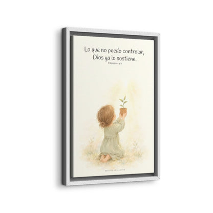 Dios cuida lo que yo no puedo controlar | Decoración de fe para pared | Filipenses 4:6 — 12×18 pulgadas, marco blanco, vista lateral del marco flotante