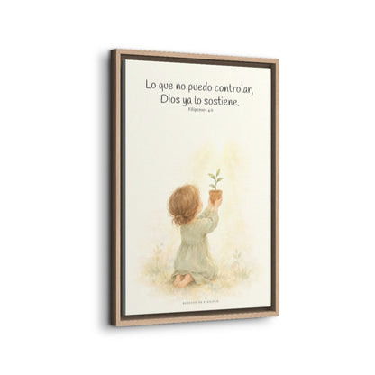 Dios cuida lo que yo no puedo controlar | Decoración de fe para pared | Filipenses 4:6 — 16×24 pulgadas, marco natural, vista lateral del marco flotante