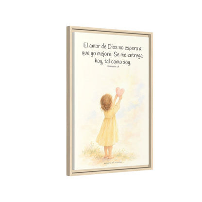 Dios demuestra su amor para conmigo — Lienzo Cristiano Enmarcado | Romanos 5:8 — 16×24 pulgadas, marco natural, vista lateral del marco flotante