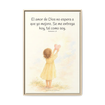 Dios demuestra su amor para conmigo — Lienzo Cristiano Enmarcado | Romanos 5:8 — 24×36 pulgadas, marco natural, vista frontal