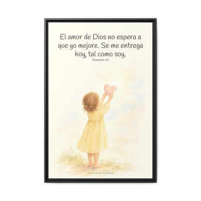 Dios demuestra su amor para conmigo — Lienzo Cristiano Enmarcado | Romanos 5:8 — 24×36 pulgadas, marco negro, vista frontal