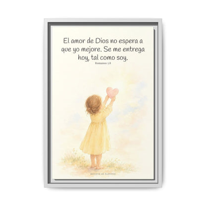 Dios demuestra su amor para conmigo — Lienzo Cristiano Enmarcado | Romanos 5:8 — 12×18 pulgadas, marco blanco, vista frontal