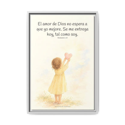 Dios demuestra su amor para conmigo — Lienzo Cristiano Enmarcado | Romanos 5:8 — 16×24 pulgadas, marco blanco, vista frontal