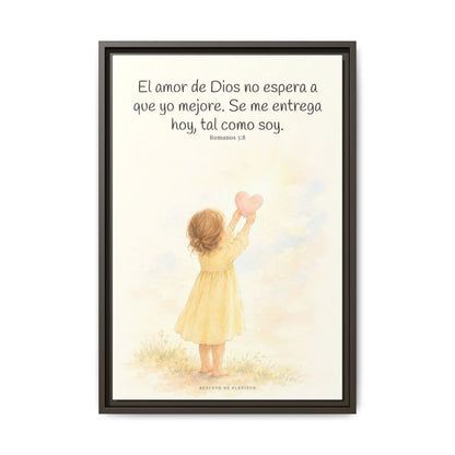 Dios demuestra su amor para conmigo — Lienzo Cristiano Enmarcado | Romanos 5:8 — 16×24 pulgadas, marco espresso, vista frontal