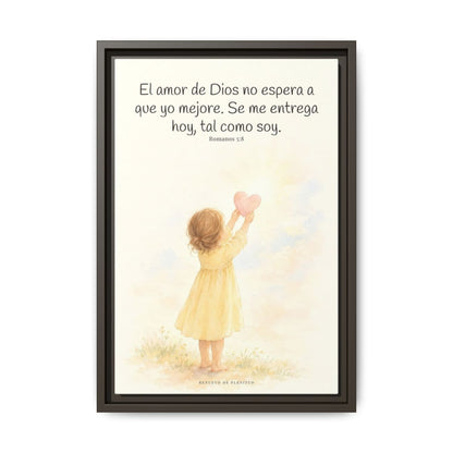 Dios demuestra su amor para conmigo — Lienzo Cristiano Enmarcado | Romanos 5:8 — 12×18 pulgadas, marco espresso, vista frontal