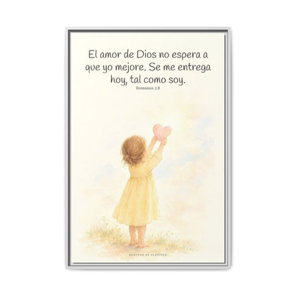 Dios demuestra su amor para conmigo — Lienzo Cristiano Enmarcado | Romanos 5:8 — 24×36 pulgadas, marco blanco, vista frontal