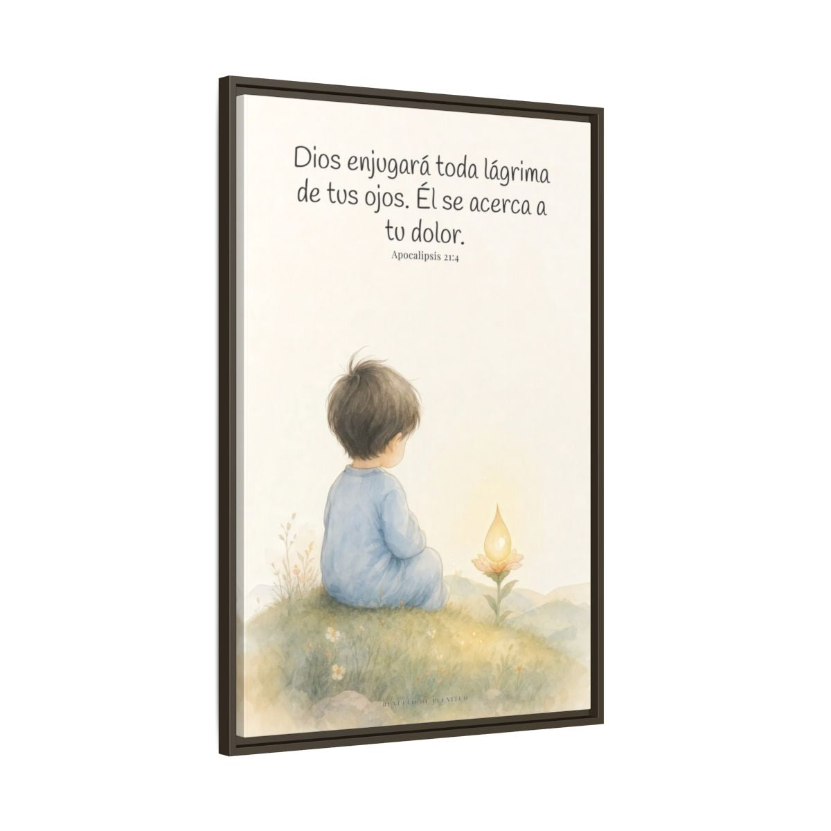 Dios enjugará toda lágrima — Lienzo Cristiano Enmarcado | Apocalipsis 21:4 — 24×36 pulgadas, marco espresso, vista lateral del marco flotante