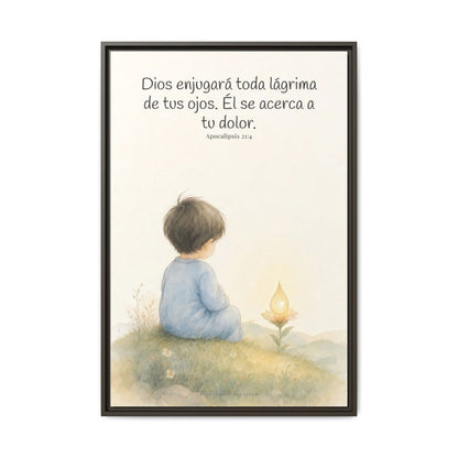Dios enjugará toda lágrima — Lienzo Cristiano Enmarcado | Apocalipsis 21:4 — 24×36 pulgadas, marco espresso, vista frontal