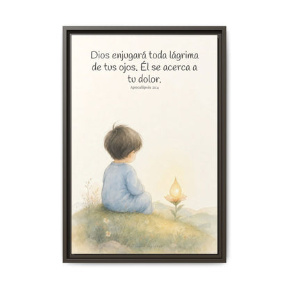 Dios enjugará toda lágrima — Lienzo Cristiano Enmarcado | Apocalipsis 21:4 — 16×24 pulgadas, marco espresso, vista frontal