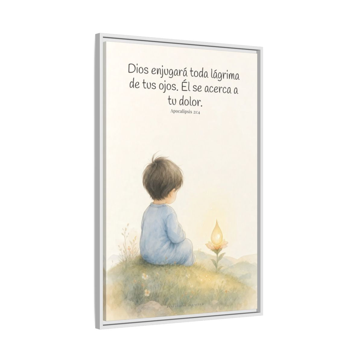 Dios enjugará toda lágrima — Lienzo Cristiano Enmarcado | Apocalipsis 21:4 — 24×36 pulgadas, marco blanco, vista lateral del marco flotante
