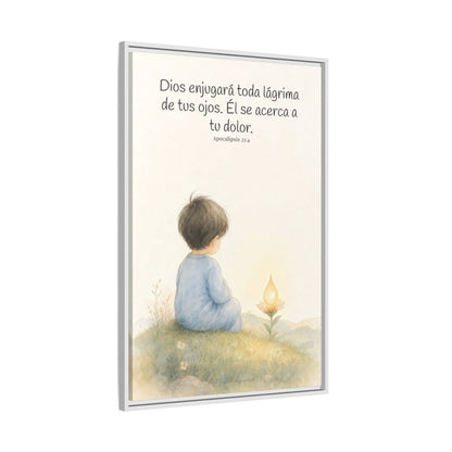 Dios enjugará toda lágrima — Lienzo Cristiano Enmarcado | Apocalipsis 21:4 — 24×36 pulgadas, marco blanco, vista lateral del marco flotante