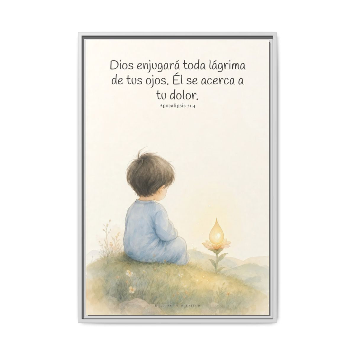 Dios enjugará toda lágrima — Lienzo Cristiano Enmarcado | Apocalipsis 21:4 — 24×36 pulgadas, marco blanco, vista frontal