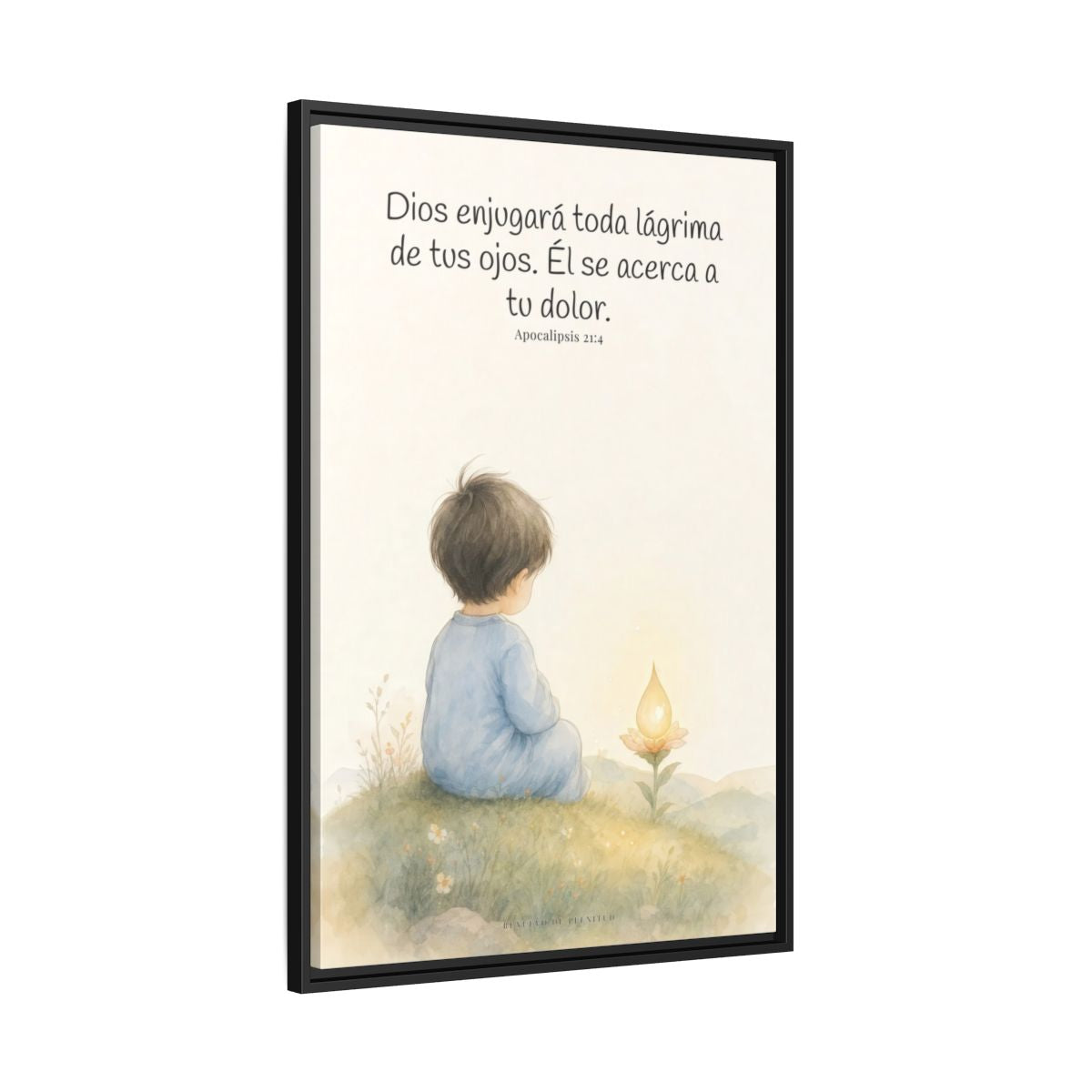 Dios enjugará toda lágrima — Lienzo Cristiano Enmarcado | Apocalipsis 21:4 — 24×36 pulgadas, marco negro, vista lateral del marco flotante