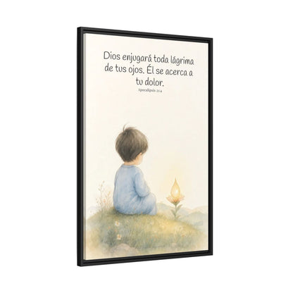Dios enjugará toda lágrima — Lienzo Cristiano Enmarcado | Apocalipsis 21:4 — 24×36 pulgadas, marco negro, vista lateral del marco flotante