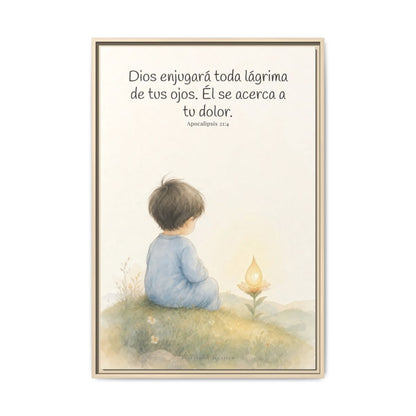 Dios enjugará toda lágrima — Lienzo Cristiano Enmarcado | Apocalipsis 21:4 — 24×36 pulgadas, marco natural, vista frontal