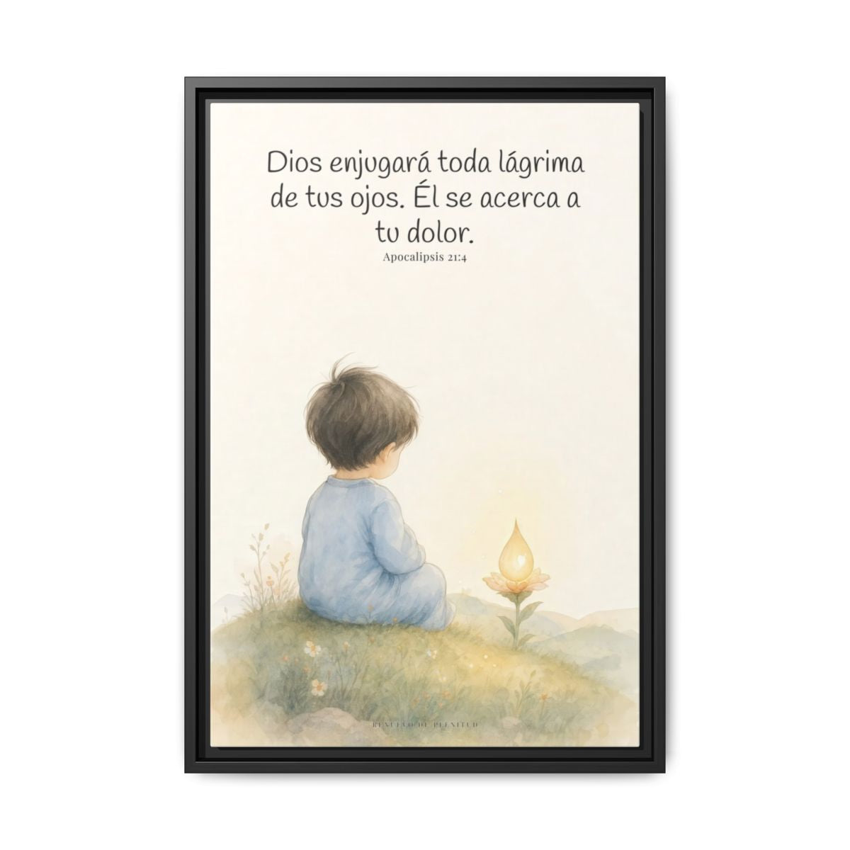 Dios enjugará toda lágrima — Lienzo Cristiano Enmarcado | Apocalipsis 21:4 — 16×24 pulgadas, marco negro, vista frontal