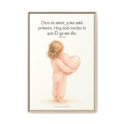 Dios es amor, y me amó primero — Lienzo Cristiano Enmarcado | 1 Juan 4:8 — 24×36 pulgadas, marco natural, vista frontal