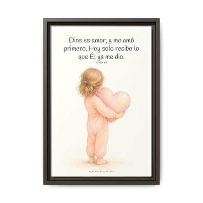 Dios es amor, y me amó primero — Lienzo Cristiano Enmarcado | 1 Juan 4:8 — 12×18 pulgadas, marco espresso, vista frontal