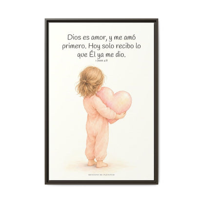 Dios es amor, y me amó primero — Lienzo Cristiano Enmarcado | 1 Juan 4:8 — 24×36 pulgadas, marco espresso, vista frontal