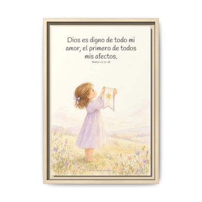 Dios es digno de todo mi amor — Lienzo Cristiano Enmarcado | Mateo 22:37-38 — 12×18 pulgadas, marco natural, vista frontal