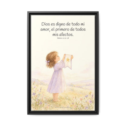 Dios es digno de todo mi amor — Lienzo Cristiano Enmarcado | Mateo 22:37-38 — 16×24 pulgadas, marco negro, vista frontal
