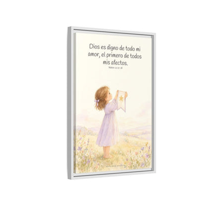 Dios es digno de todo mi amor — Lienzo Cristiano Enmarcado | Mateo 22:37-38 — 16×24 pulgadas, marco blanco, vista lateral del marco flotante