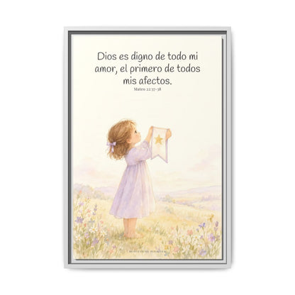 Dios es digno de todo mi amor — Lienzo Cristiano Enmarcado | Mateo 22:37-38 — 16×24 pulgadas, marco blanco, vista frontal