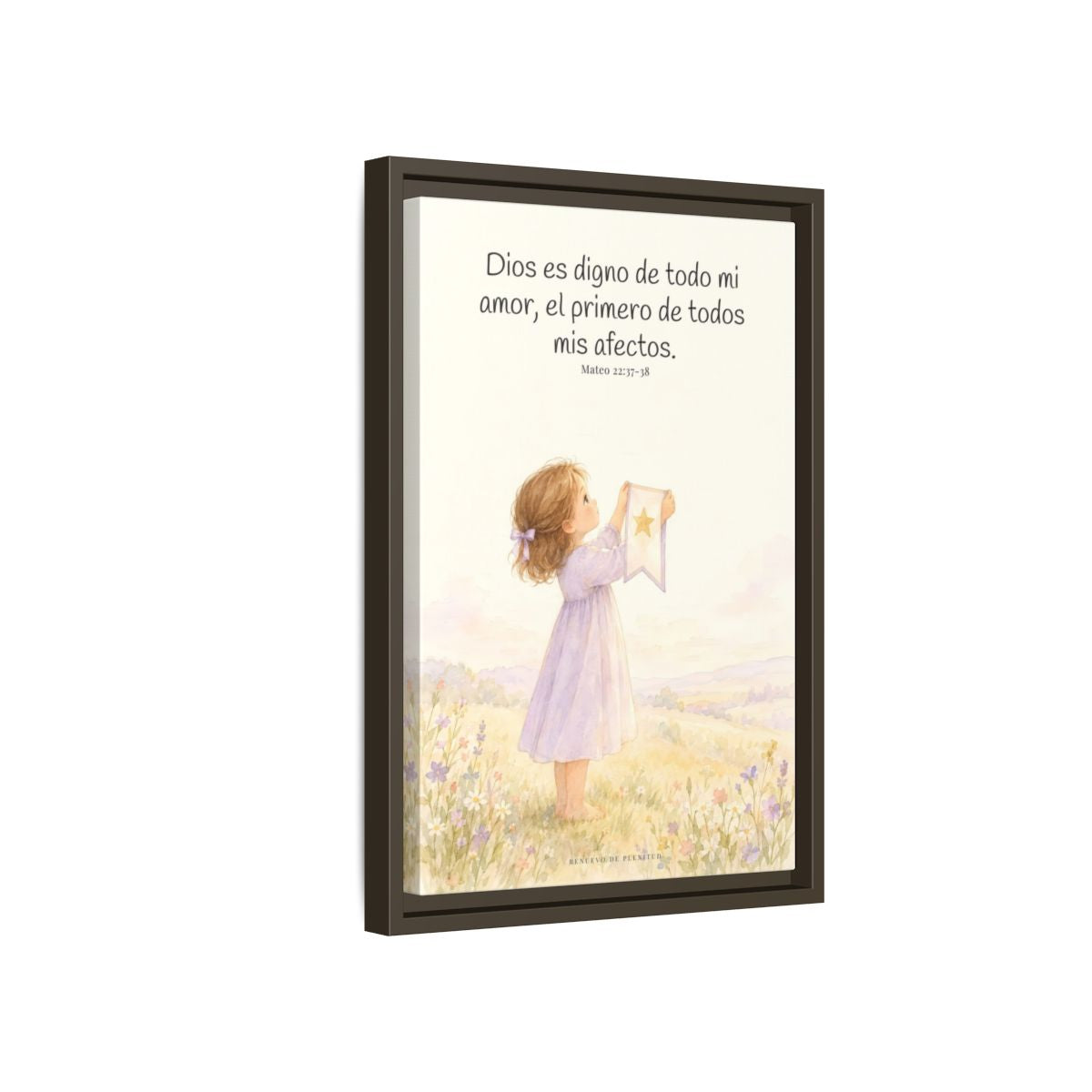 Dios es digno de todo mi amor — Lienzo Cristiano Enmarcado | Mateo 22:37-38 — 12×18 pulgadas, marco espresso, vista lateral del marco flotante
